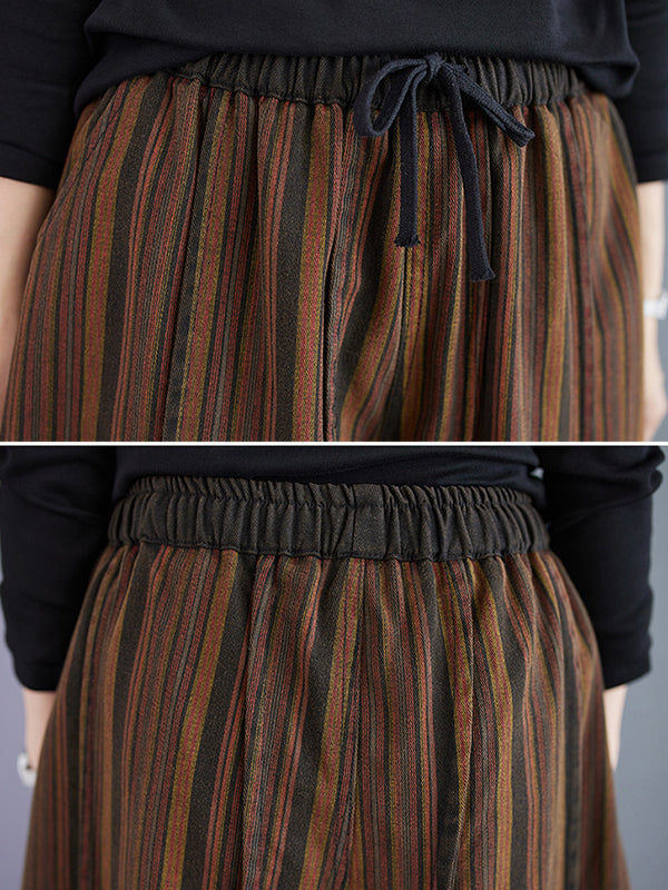 Drawstring Elasticity Split-Joint Striped Harem Pants High Waisted Trousers Pants