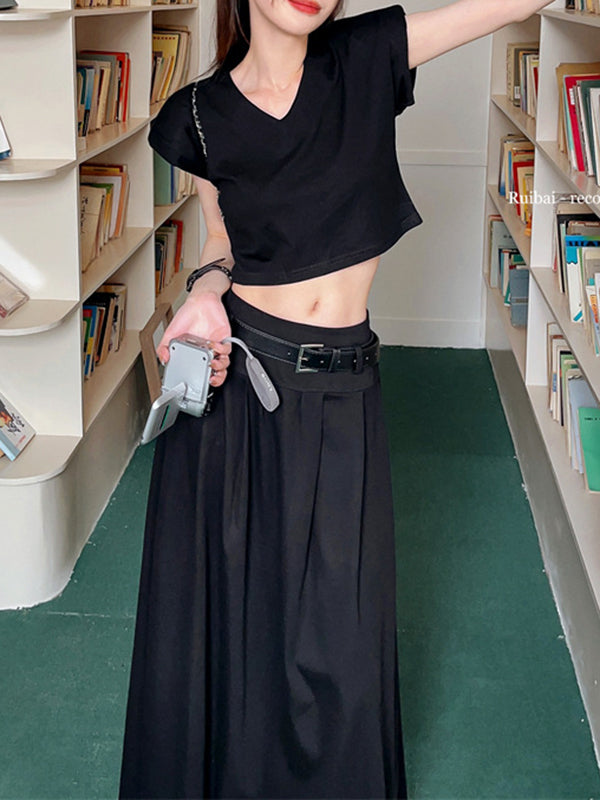Belted Pleated Solid Color A-Line High Waisted Skirts Bottoms