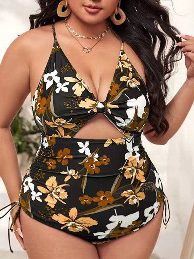 Plus Size Bikini Print Push Up Cutout Slim Fit Swimsuit