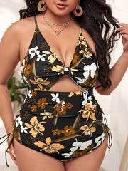 Plus Size Bikini Print Push Up Cutout Slim Fit Swimsuit