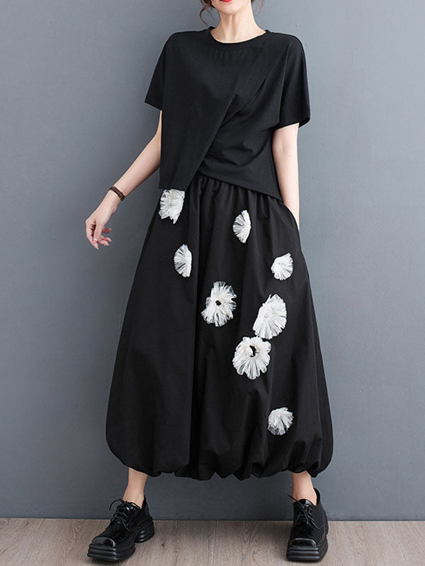 Flower-Embellished Elastics Solid Color Loose Skirts Bottoms