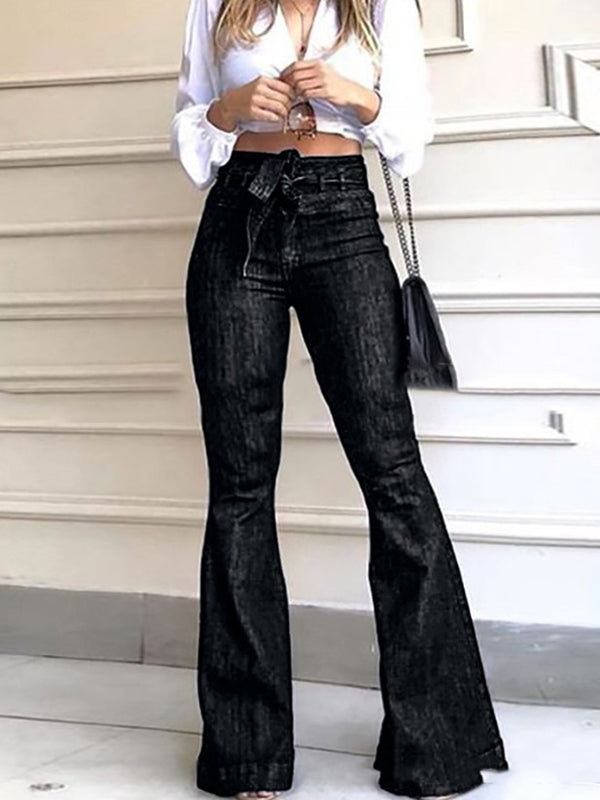 Solid Color Tied Waist Flared Pants High Waisted Jean Pants Bottoms