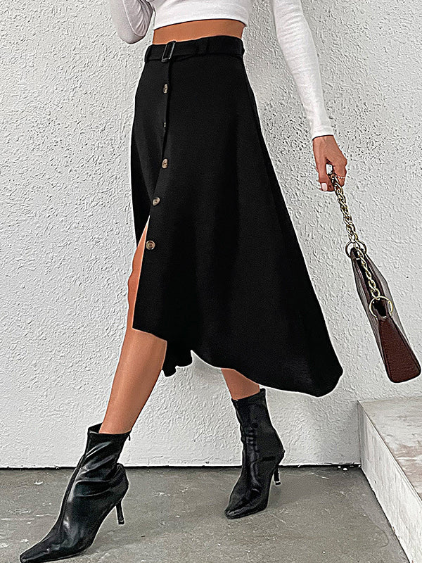 Buckle Buttoned Solid Color A-line High Waisted Skirts Bottoms