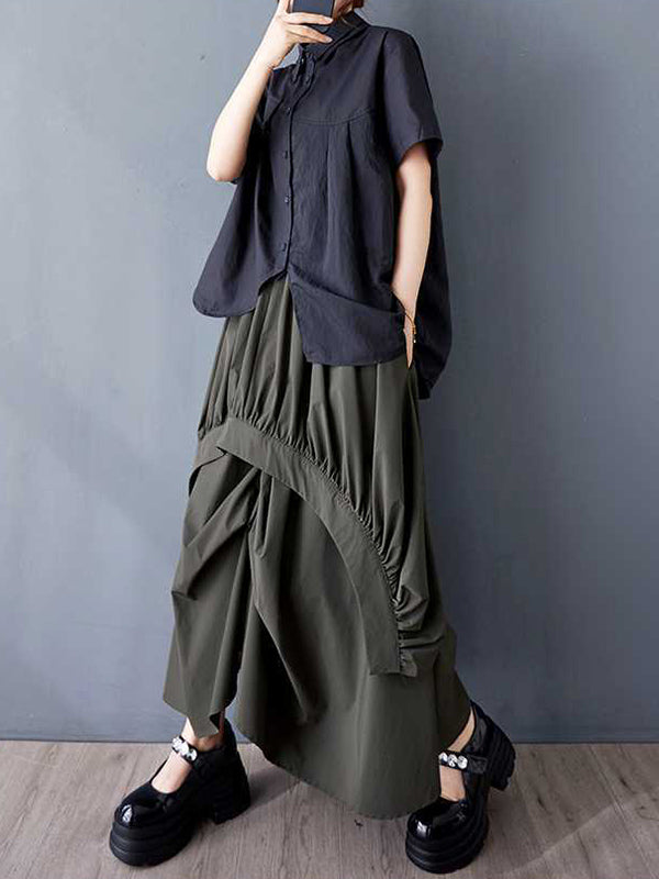 Asymmetric Elasticity Pleated Pockets Solid Color A-Line Loose Skirts Bottoms