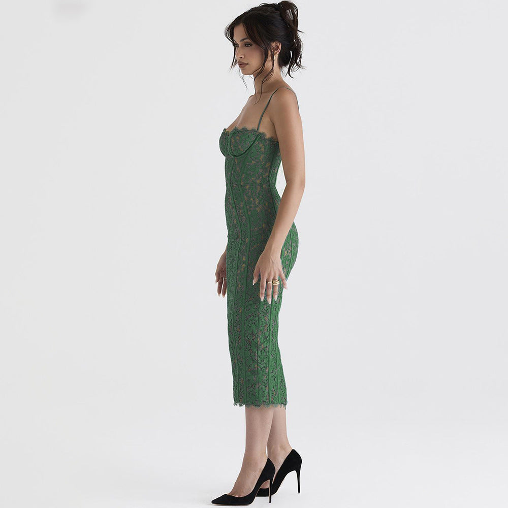 Nadine Sweetheart Bodycon Lace Cocktail Midi Dress - green