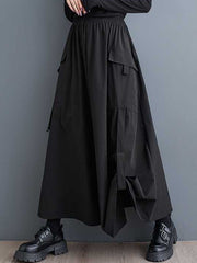 Elasticity Pleated Pockets Solid Color Split-Joint A-Line Loose Skirts Bottoms