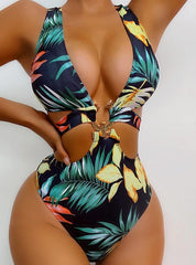Deep V-neck Metal Strap High Waist Swimsuit