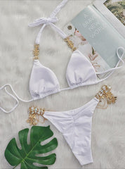 Crystal Diamond Solid Color Female Split Bikini