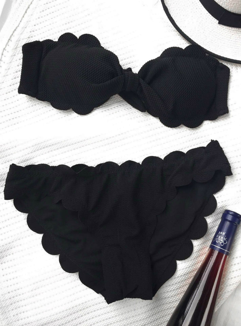 Scalloped Hem Bandeau Red Bikini Set
