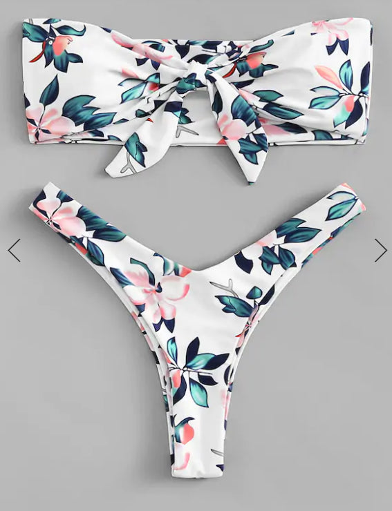Pink Print Knot Flower Print Bikini Set
