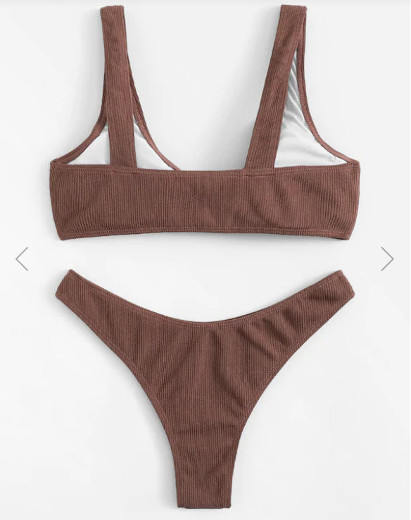 Women Brown Ribbed Knotted Bralette Bikini Set