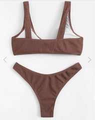 Women Brown Ribbed Knotted Bralette Bikini Set