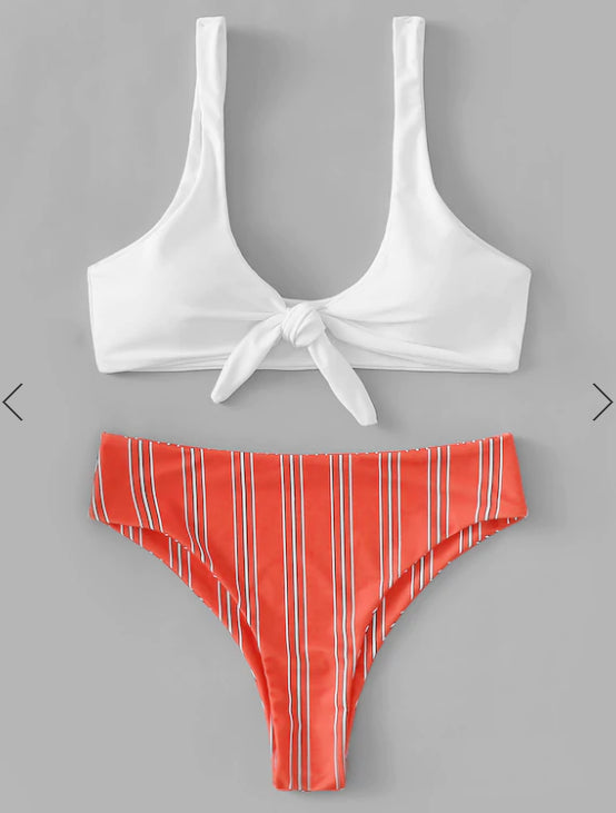 Fashion White Front Knot Striped Bikini Set