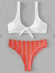 Fashion White Front Knot Striped Bikini Set