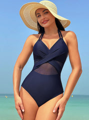 Solid Color Mesh One-piece Bikini