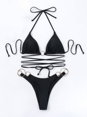 Solid Color Metal Ring Strap Bikini Suit