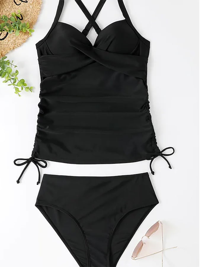 Women's Split Solid Color Drawstring Slimming Swimsuit