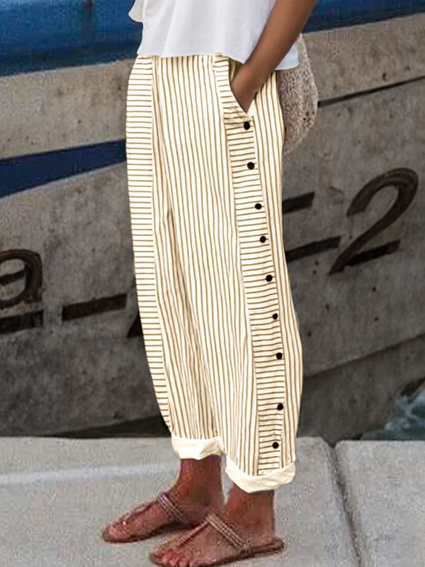 Loose Buttoned Pockets Striped Pants Trousers