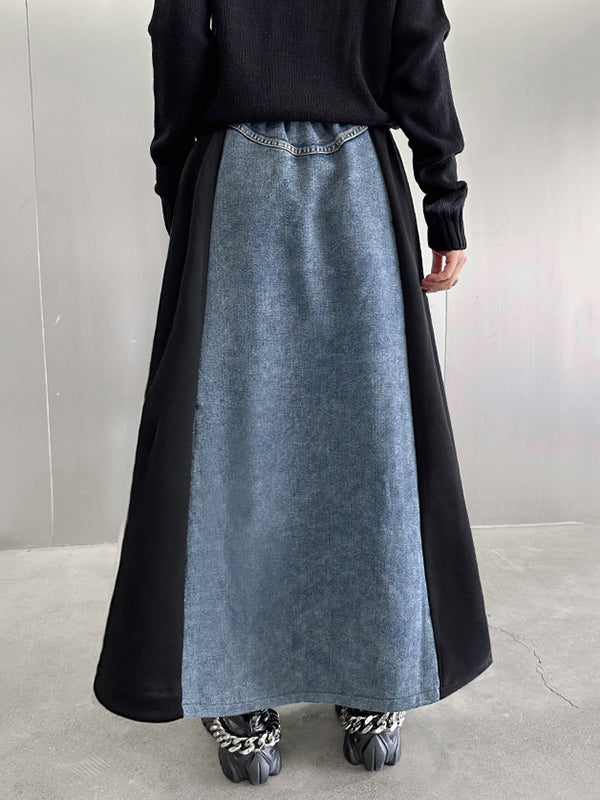 Contrast Color Drawstring Split-Joint Striped A-Line Loose Skirts Bottoms