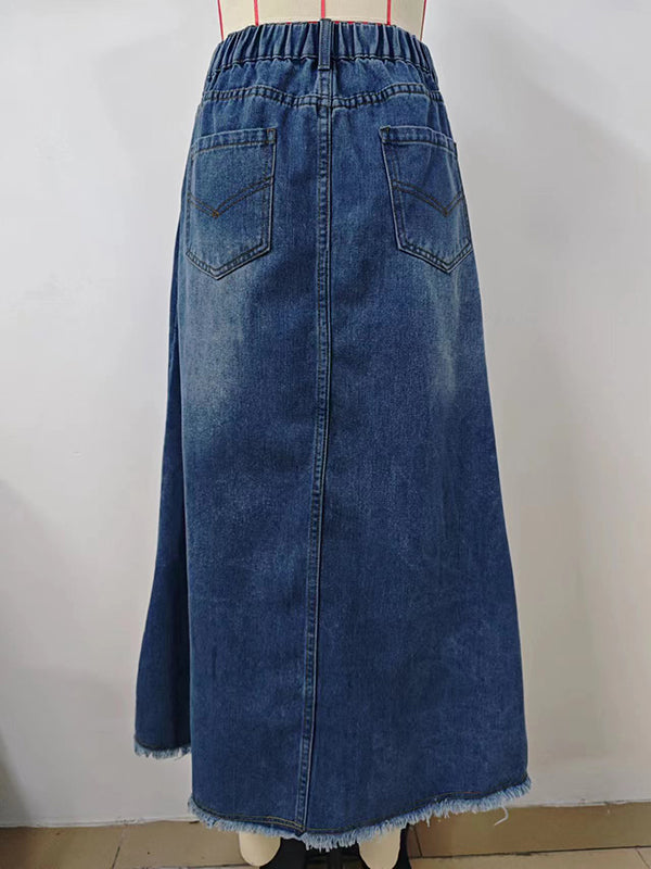 Buttoned Elasticity Fringed Pockets Split-Joint A-Line Loose Skirts Bottoms