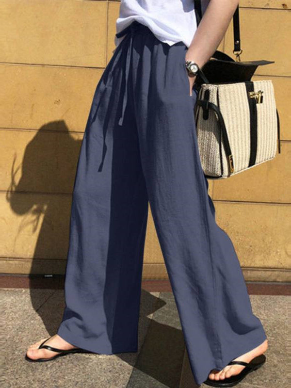 Drawstring Pockets Solid Color High Waisted Loose Trousers Pants