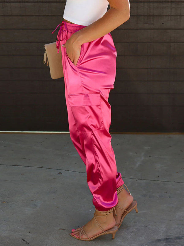 Drawstring Pockets Solid Color Loose Straight Leg Casual Pants Bottoms