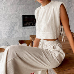 LINEN PADDED-SHOULDER TIE SIDE TOP AND DRAWSTRING PANTS SET