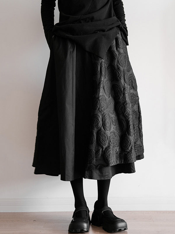 Double Layered Elasticity Jacquard Solid Color Split-Joint A-Line Loose Skirts Bottoms