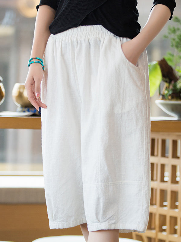 Artistic Retro Loose Ramie Cotton Solid Color Elasticity Shorts