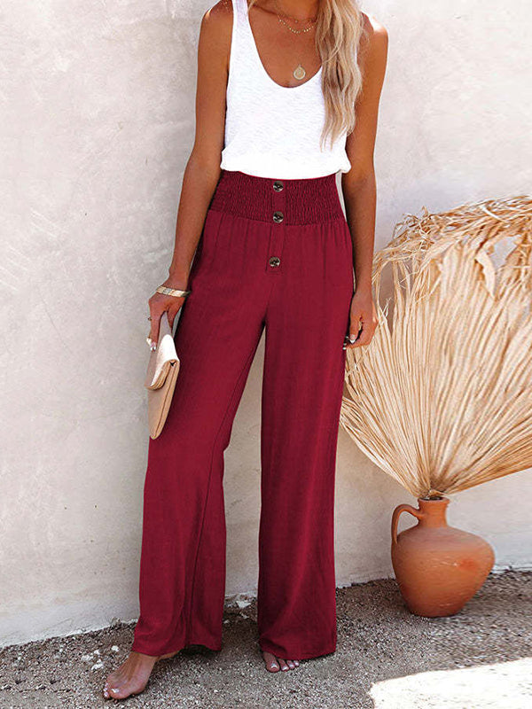 Buttoned Elasticity Solid Color Loose Wide Leg Trousers Pants