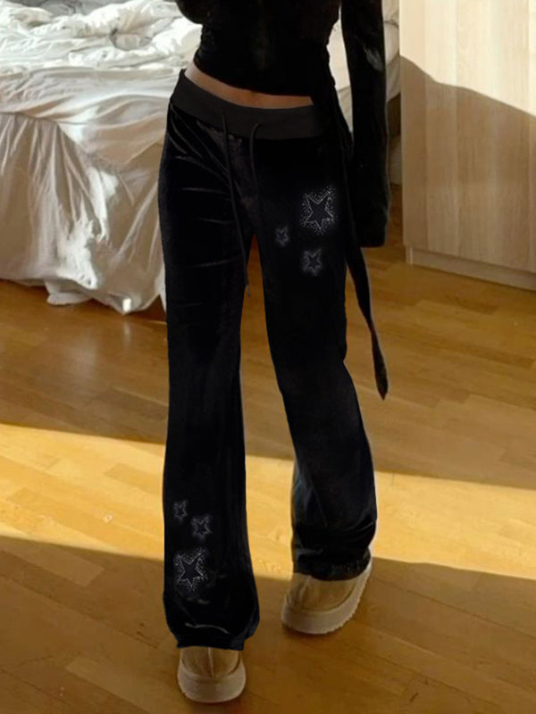 Star Rhinestone Velvet Flared Pants