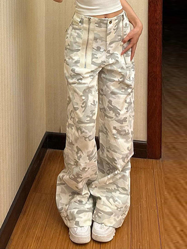 Camouflage High-Waisted Split-Joint Zipper Wide Leg Trousers Pants