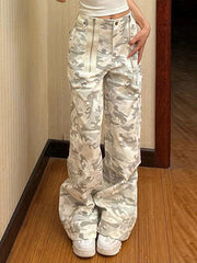 Camouflage High-Waisted Split-Joint Zipper Wide Leg Trousers Pants