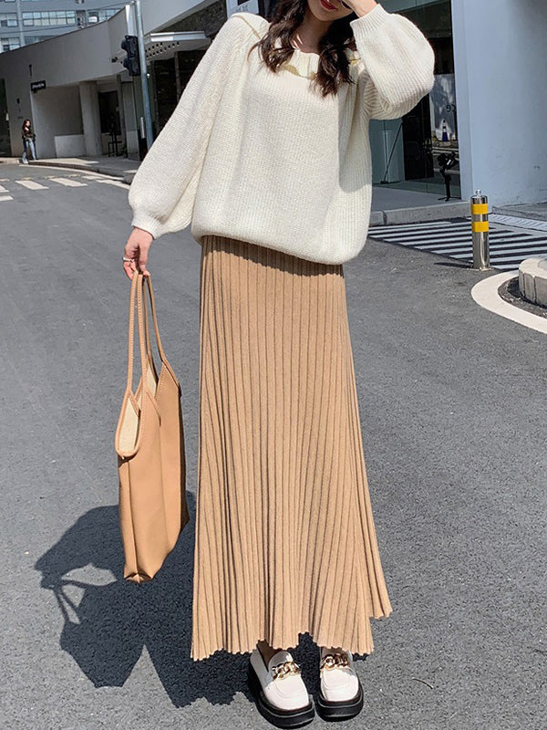 Pleated Solid Color A-Line High Waisted Skirts Bottoms