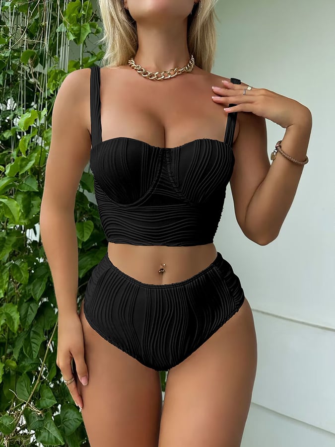 Solid Patterned High Waisted Split Swimsuit