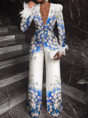 Fashion V-Neck Floral Printed Feathers Loose Straight Leg Jumpsuits