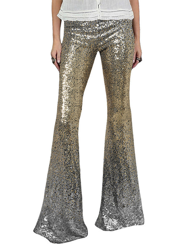 Contrast Color Gradient Sequined Shiny Flared Pants Skinny Leg Pants Bottoms