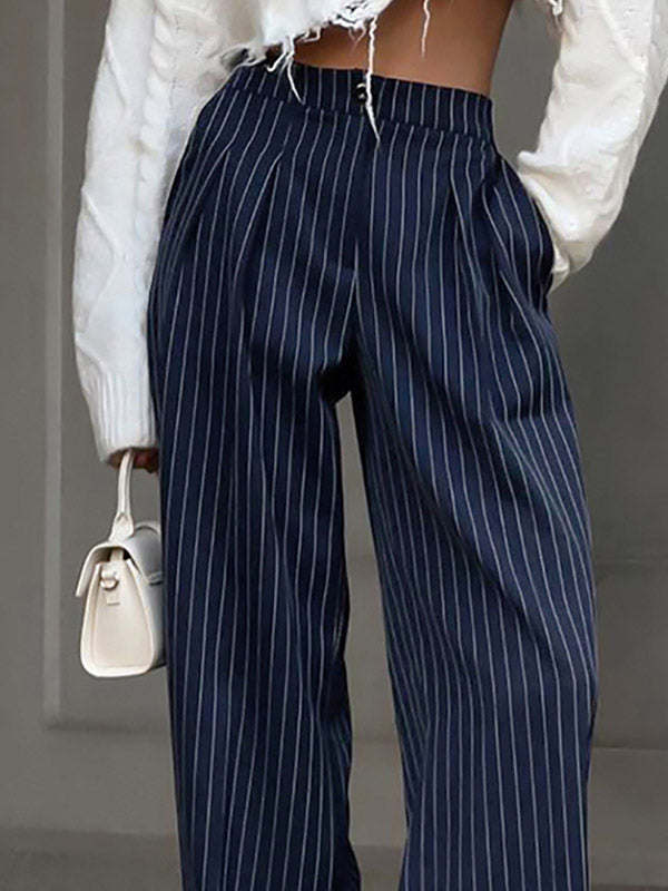 Buttoned Striped High Waisted Wide Pants Trousers Pants