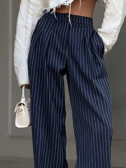 Buttoned Striped High Waisted Wide Pants Trousers Pants