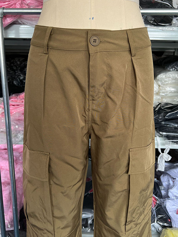 Buttoned Pockets Solid Color Split-Joint Loose Wide Leg Trousers Pants
