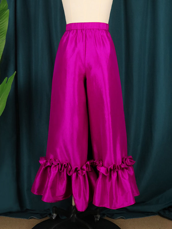Buttoned Falbala High-Waisted Solid Color Loose Wide Leg Pants Flared Trousers