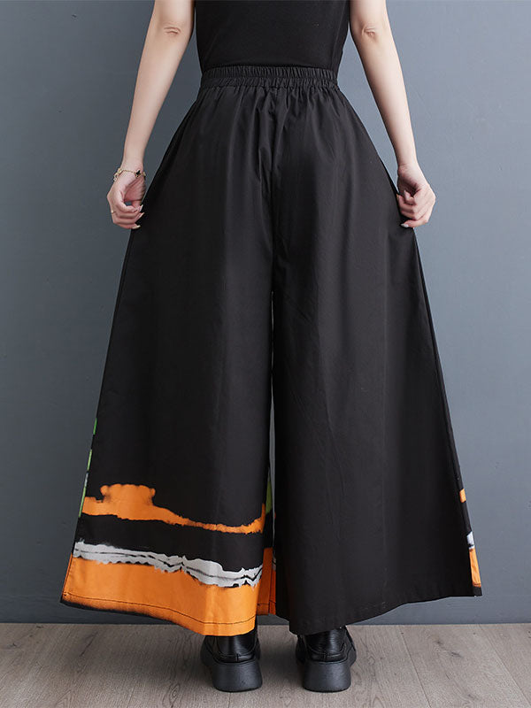 Asymmetric Elasticity High-Waisted Printed Loose Wide Leg Trousers Pants