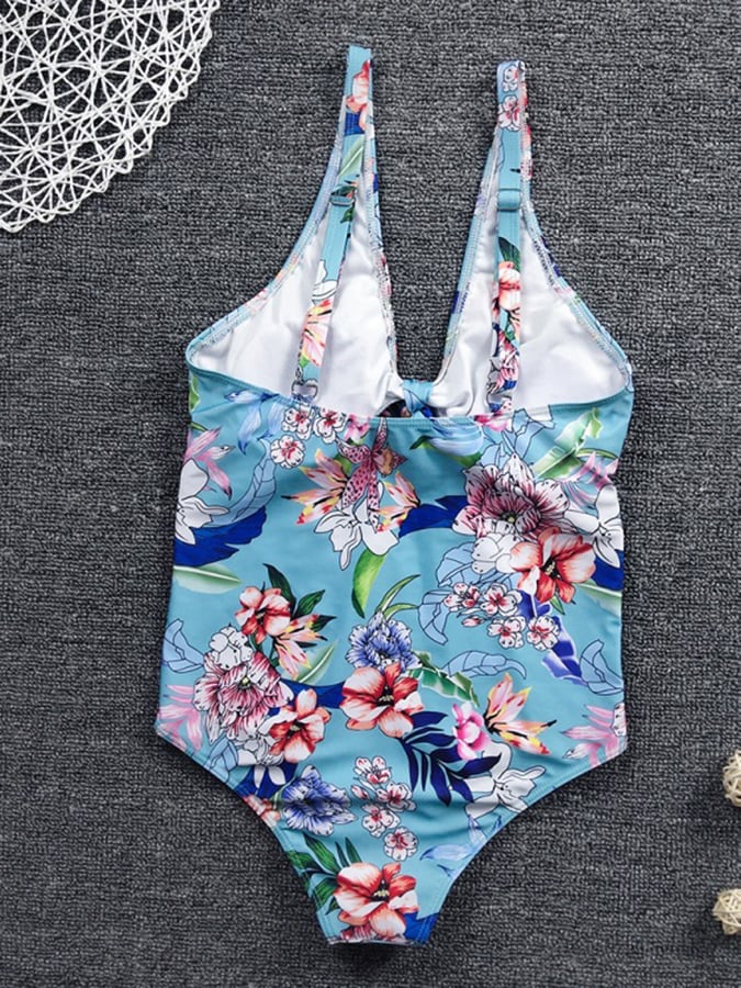 European And American Style Print Knotted Sexy One-Piece Swimsuit