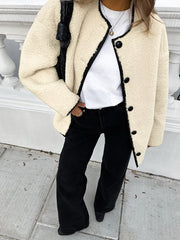 Nicole Lambswool Patchwork Round Neck Coat - Beige