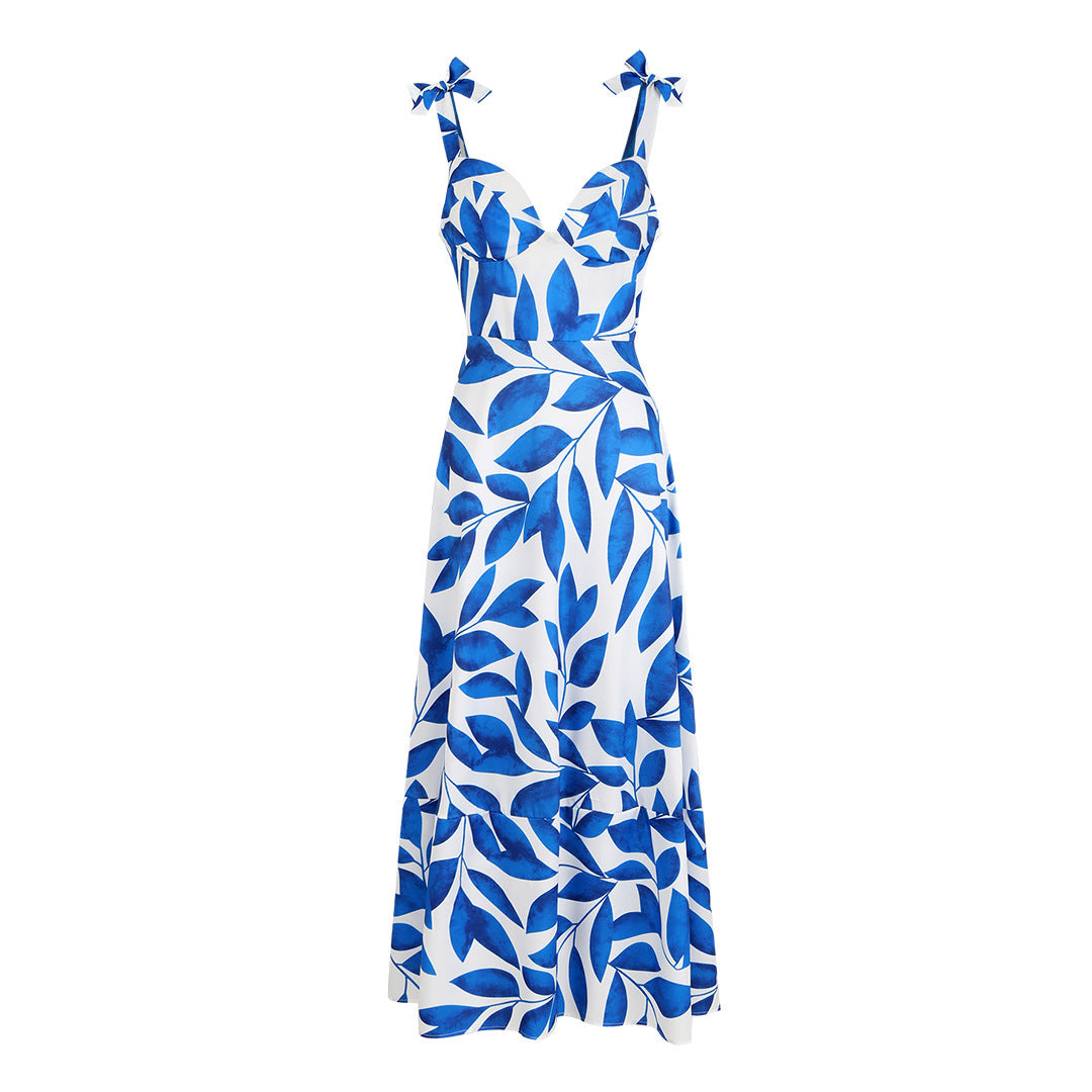 Women's Blue Printed Off-the-shoulder Sling Waist-tight Elegant Long Dress