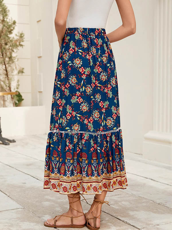 Elasticity Flower Print Pleated Split-Joint Loose Skirts Bottoms