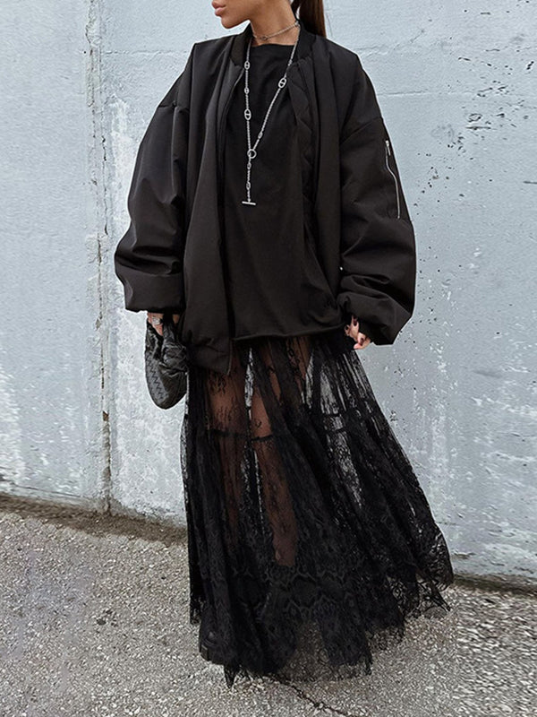Elasticity Hollow Jacquard Mesh See-Through Split-Joint A-Line High Waisted Skirts Bottoms