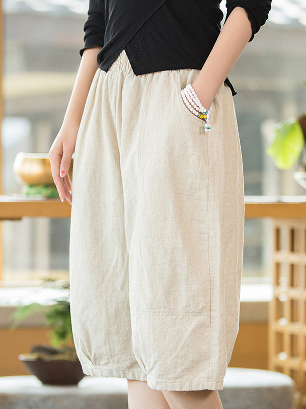 Artistic Retro Loose Ramie Cotton Solid Color Elasticity Shorts