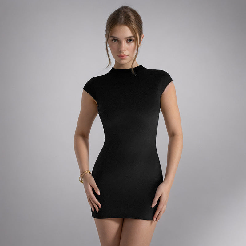 Solid Color Backless Sleeve Slim Fit High Waist Short Dress