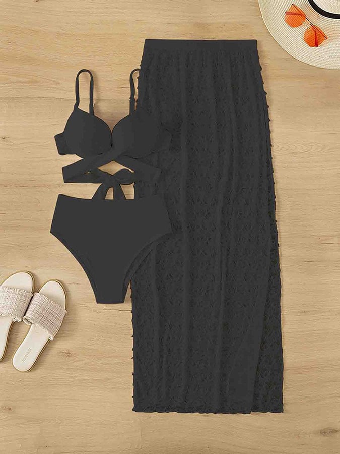 Elegant Lace Wrap Dress Three-piece Swimsuit